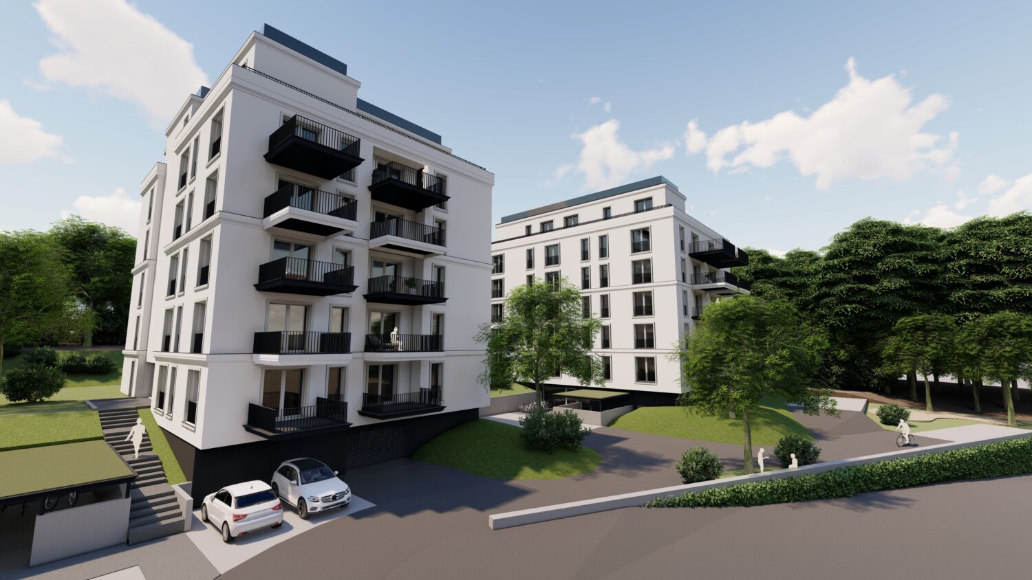 Entwurfsansicht von Architekt Jan Mocha von der Zufahrtsseite zu Mehrfamilienhäusern in Göttingen