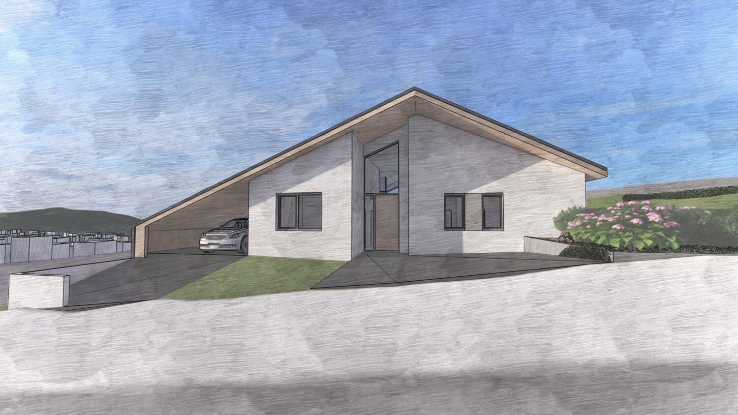 Einfamilienhaus Hardegsen Straßenansicht in einer Entwurfszeichnung von Architekt Jan Mocha